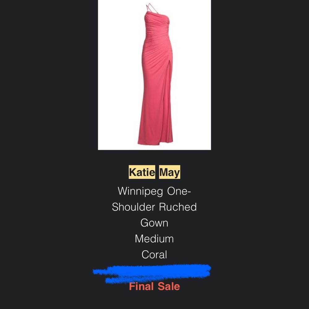 NWT Katie May Winnipeg One-Shoulder Ruched Gown In Coral